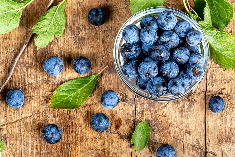 blueberry, berry, fruit, leaves, wooden, HD wallpaper