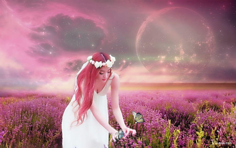 Hermosa niña en campo de flores, fantasía, flores, mariposas, cielo, mujer,  campo, Fondo de pantalla HD | Peakpx