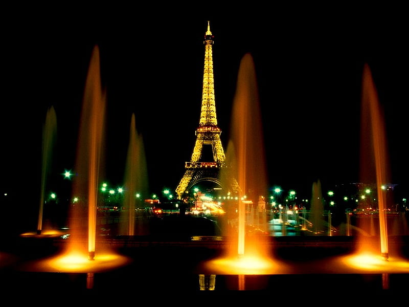 Paris by Night, fountains, tower, paris, eiffel, night, HD wallpaper