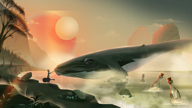 Sunset, whale, ahmet iltas, fantasy, luminos, orange, summer, HD wallpaper