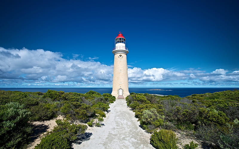 Lighthouse in Australia, ocean, clouds, sky, Australia, road, lighthouse, HD wallpaper