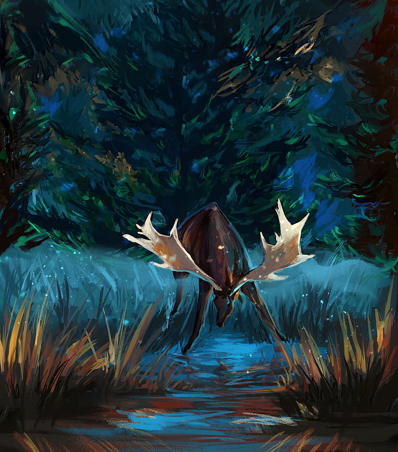 deer, antlers, forest, trees, art, HD phone wallpaper