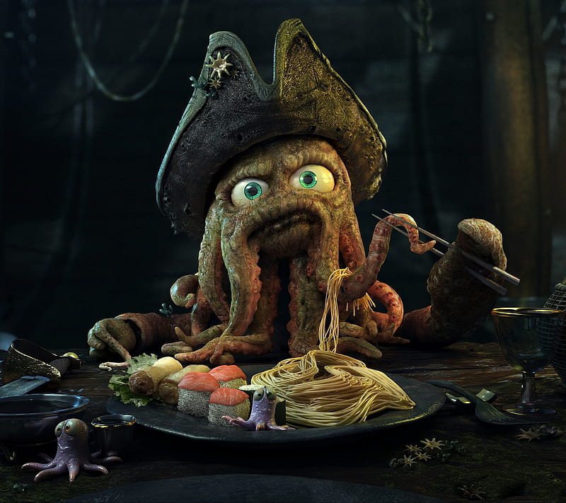 Davy Jones, octopus, pirates, sushi, HD wallpaper