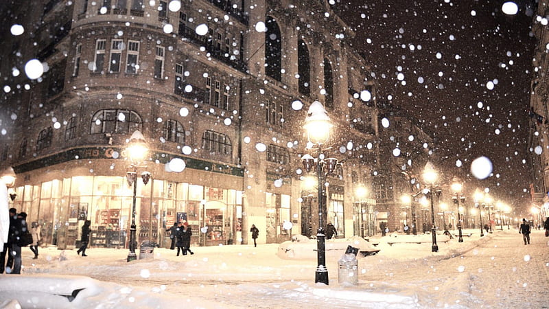 snow storm on a belgrade winter night, city, snow, people, street, lights, night, winter, HD wallpaper