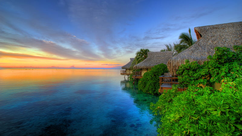 Moorea sunset, oceans, sunset, islands, paradise, HD wallpaper