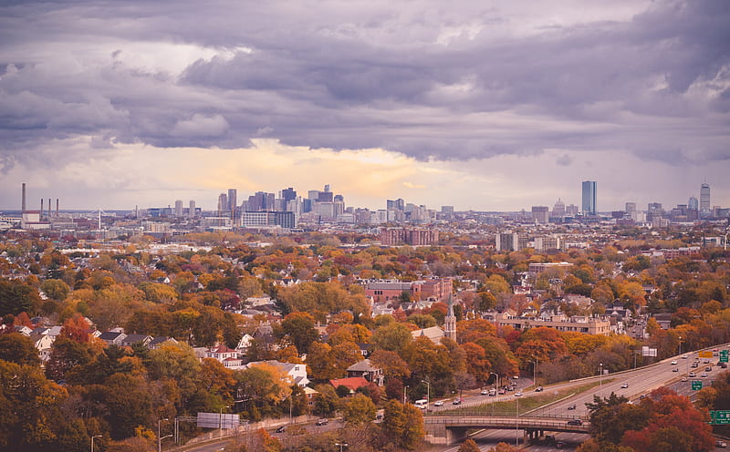 City, Fall, Panoramic View Ultra, United States, Massachusetts, City, Landscape, Autumn, Scenery, Trees, Scene, background, Colors, Storm, Urban, Warmth, Warm, Romantic, Clouds, Fall, Weather, foliage, Skyline, boston, unitedstates, aesthetic, reservation, malden, MiddlesexFells, Fells, HD wallpaper
