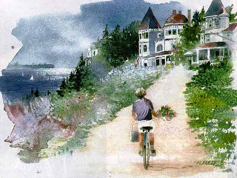 Afternoon Visitor F1, art, engle, nita engle, victorian, houses, bicycle, artwork, water, water color, painting, path, HD wallpaper