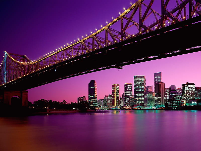 Brisbane Queensland Australia, brisbane, buildings, cityscape, sky, city, water, purple, bridge, australia, queensland, HD wallpaper