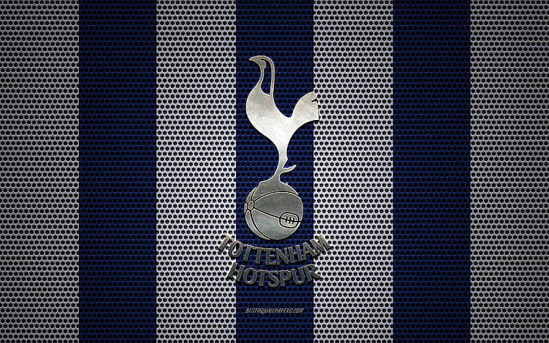 Tottenham Hotspur FC logo, English football club, metal emblem, blue and white metal mesh background, Tottenham Hotspur FC, Premier League, London, England, football, HD wallpaper