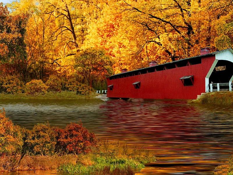 Covered bridge, fall, red, pretty, colorful, autumn, riverbank, shore, falling, covered, yellow, bonito, foliage, leaves, nice, bridge, grove, river, reflection, tranquility, forest, calmness, lovely, golden, colors, creek, trees, lake, pond, water, serenity, peaceful, nature, HD wallpaper