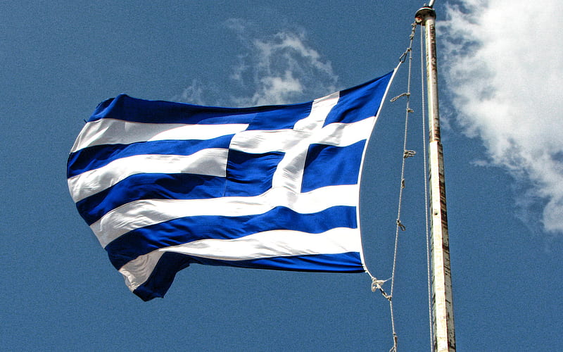 Greece flag, flag of Greece on flagpole, blue sky, flagpole, national symbols, Greece, flag of Greece, HD wallpaper