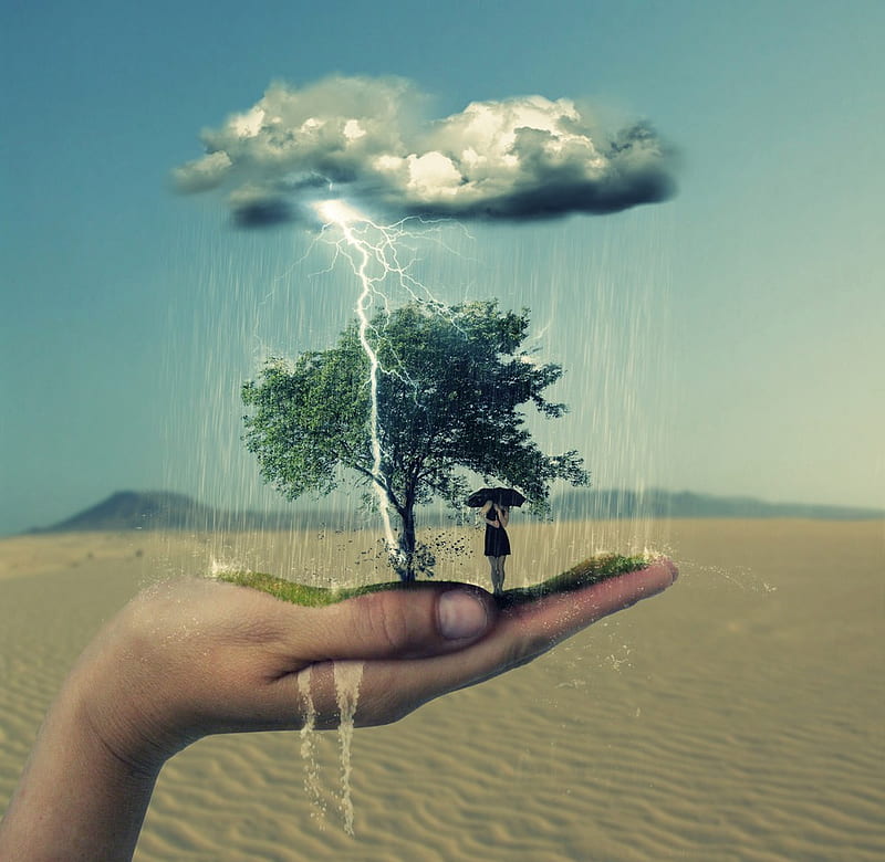 Force of Nature on my Hand, force of nature, female, desert, thunder, umbrella, abstract, tree, fantasy, 3d, sand, water, girl, hand, rain, HD wallpaper