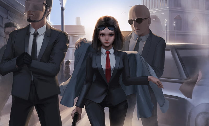 anime girl in suit, bodyguards, semi-realistic, worried expression, Anime, HD wallpaper
