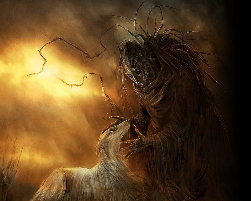 FRIENDLY TOUCH, demon, touch, warmth, cg, friendly, mystic, dog, HD wallpaper