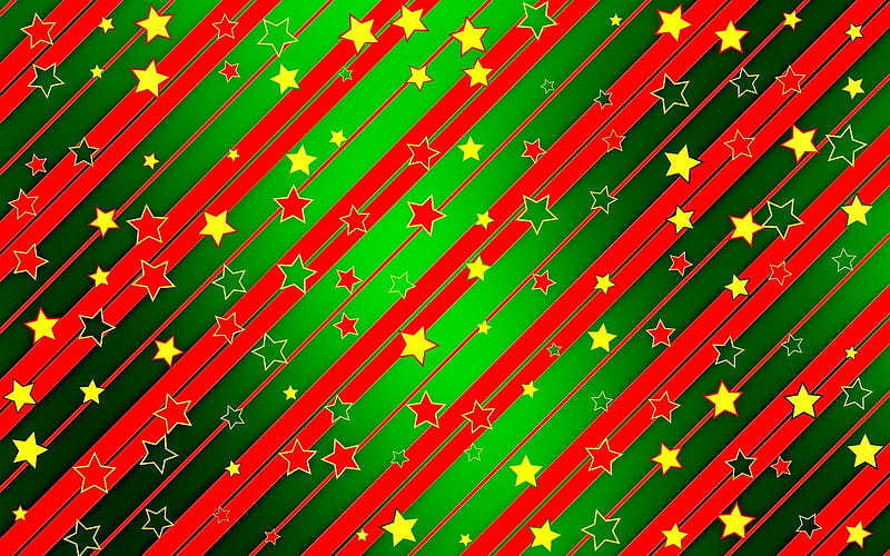Christmas Stars, stars, Christmas, stripes, green, red, HD wallpaper