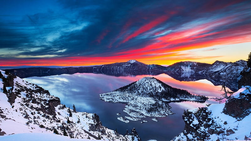 Crater lake sunrise winter-Perfect Scenery, HD wallpaper