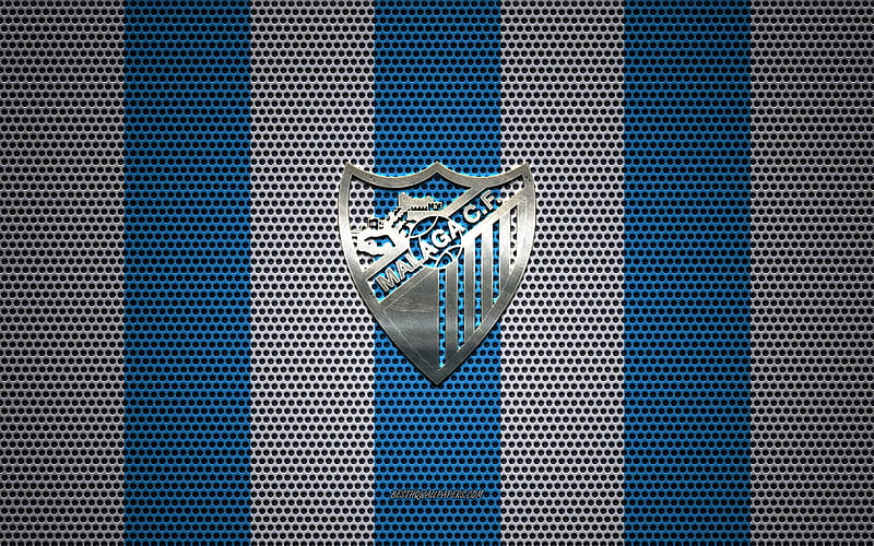 Malaga CF logo, Spanish football club, metal emblem, blue and white metal mesh background, Malaga CF, Segunda, Malaga, Spain, football, HD wallpaper