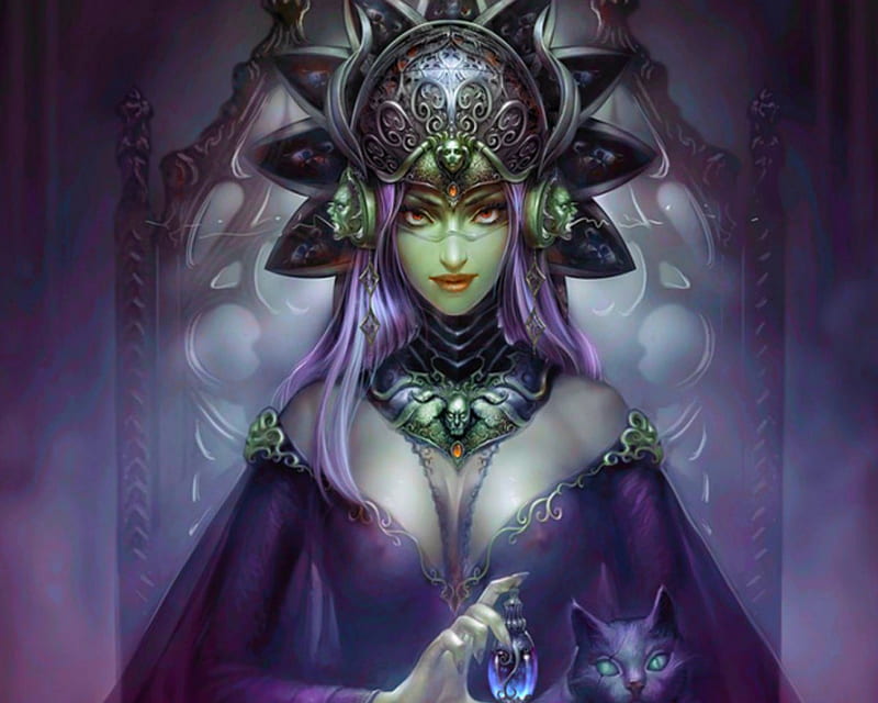 Dark Empress, art, fantasy, magic, cat, woman, HD wallpaper