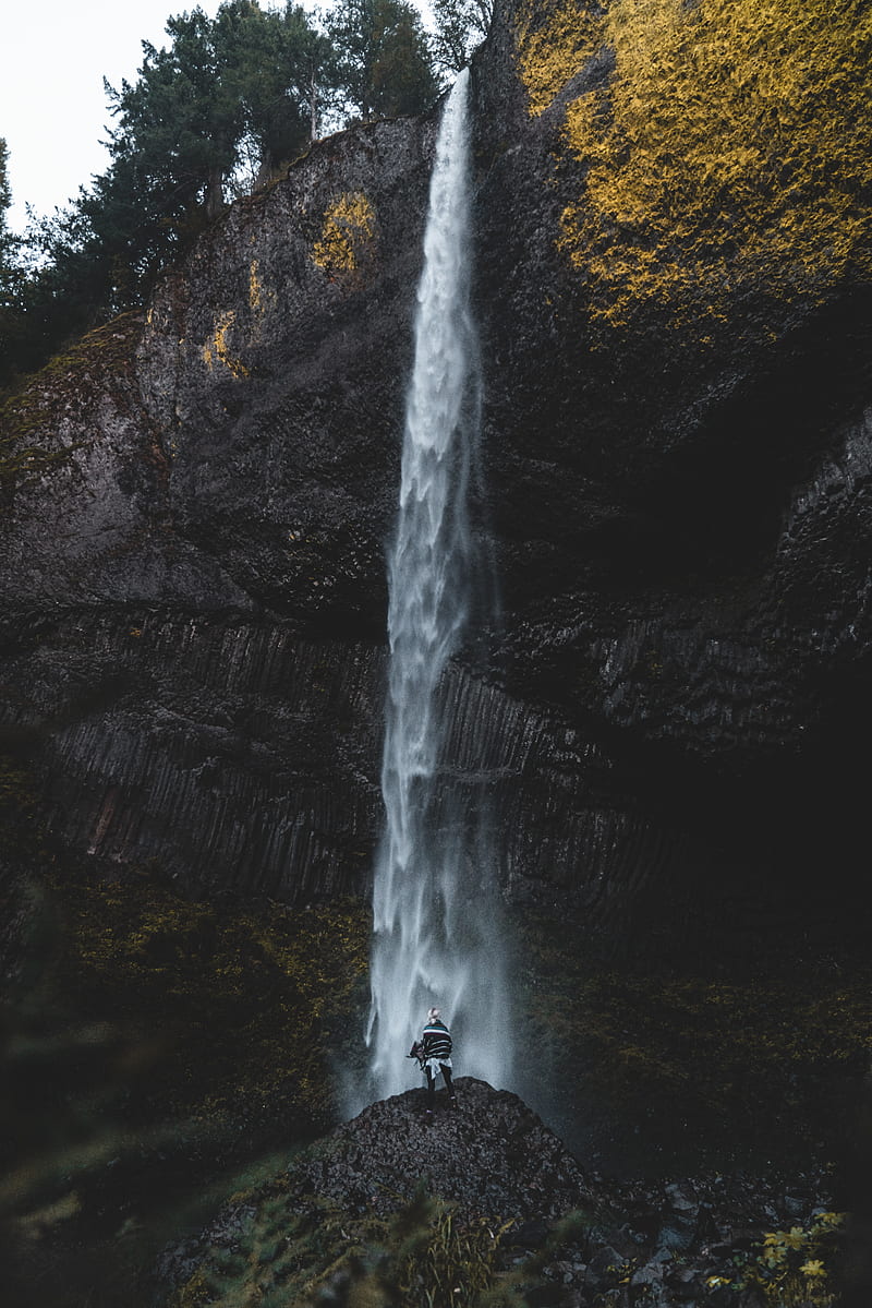waterfall, human, rock, cliff, water, HD phone wallpaper