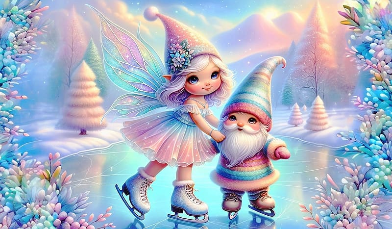 Elf and gnome on ice rink, Graphics, Winter, Ice rank, Elf, HD wallpaper