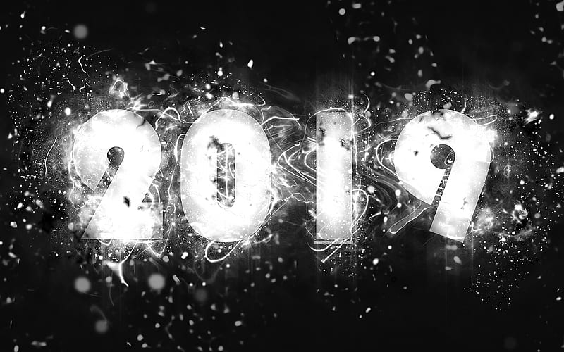 2019 year white digits, abstract art, 2019 concepts, black background, creative, Happy New Year 2019, neon lights, HD wallpaper