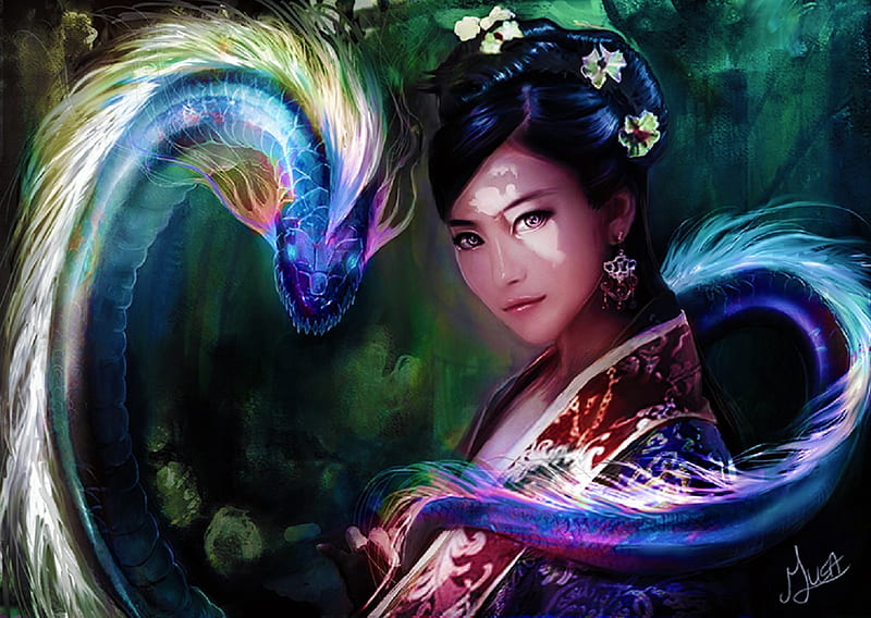 Dragon Princess, pretty, art, beautiful, woman, dragon, fantasy, girl, digital, asian, blue, HD wallpaper