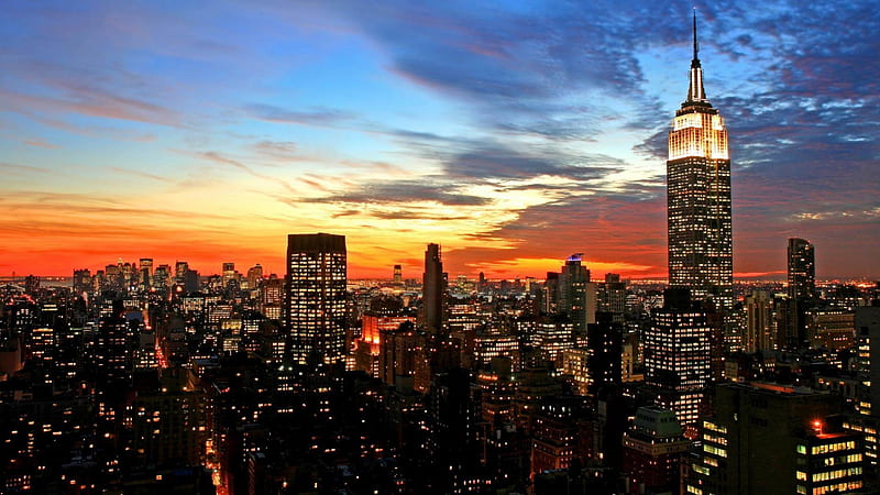 spectacular sunset over nyc, city, sunset, clouds, lights, skyscrapers, HD wallpaper