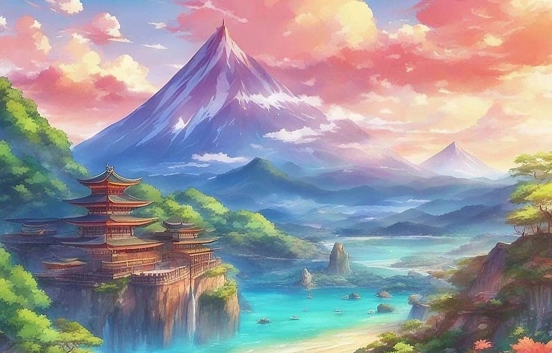Laka mountains, latvany, Laka, dombok, elenk szinek, viragok, pagoda, novenyzet, hegyek, tajkep, HD wallpaper
