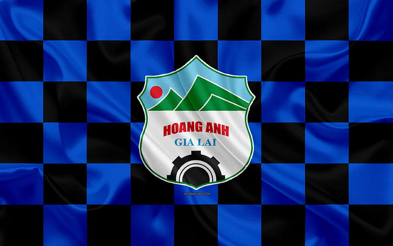 Hoang Anh Gia Lai FC logo, creative art, black and blue checkered flag, Vietnamese football club, V League 1, emblem, silk texture, Pleiku, Vietnam, HD wallpaper