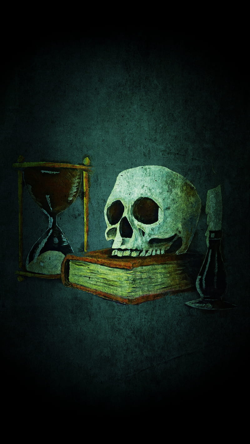 Memento Mori, skull, death, hourglass, book, evil, dark, HD phone wallpaper