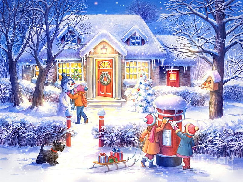Winter Wishes, sleigh, snow, cottage, children, postbox, trees, dog, HD wallpaper