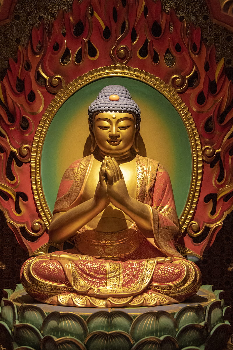 red and gold great buddha ceramic figurine in closeup, HD phone wallpaper