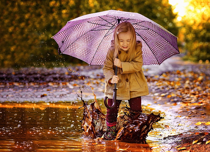 Little Girl, rain, Umbrella, Girl, Joy, Mud, HD wallpaper