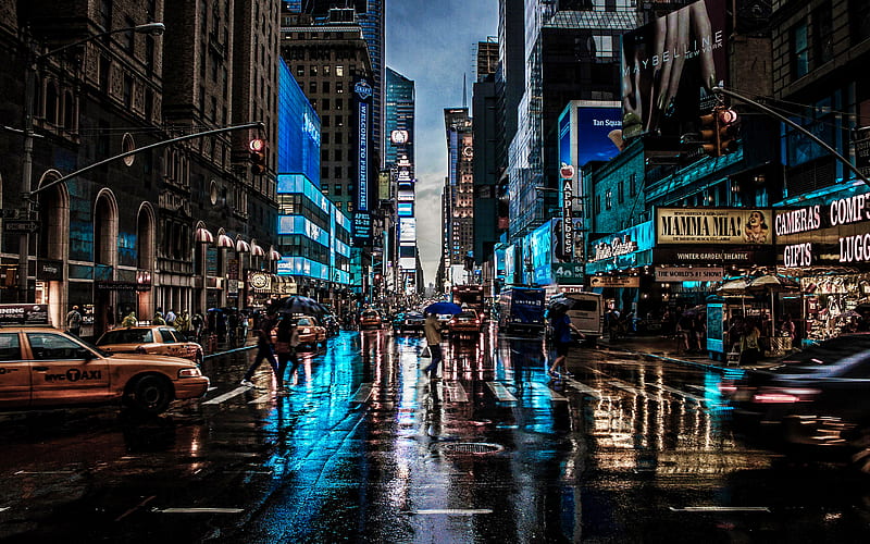 New York City avenue, NYC, rain, skyscrapers, nightscapes, yellow taxi, USA, cityscapes, New York, american cities, HD wallpaper
