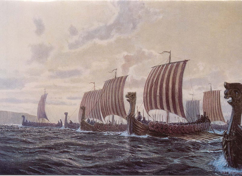 Viking Fleet, shields, boats, vikings, sails, fleet, dragon head, waves, sea, HD wallpaper