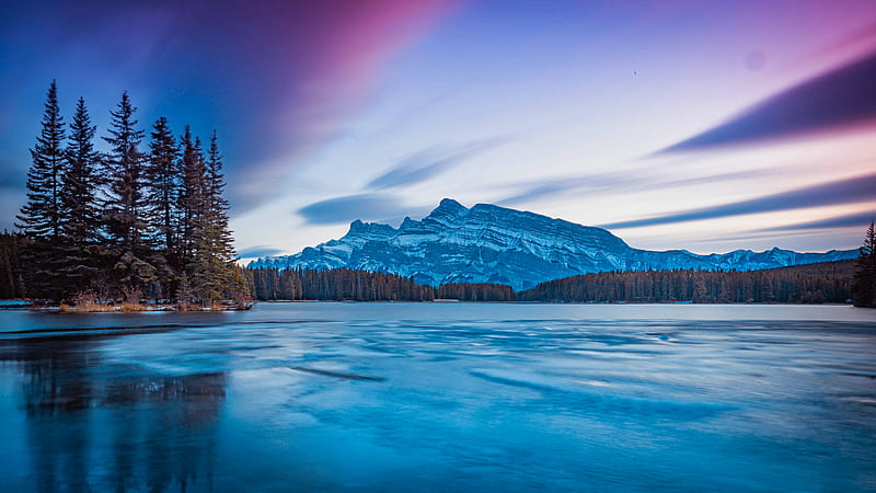 canada, banff national park, scenery, dawn, pink sky, trees, Landscape, HD wallpaper