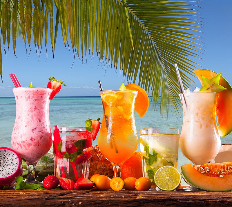 Drinks, alcohol, beach, drink, food, fruit, palm, summer, tropical, HD wallpaper