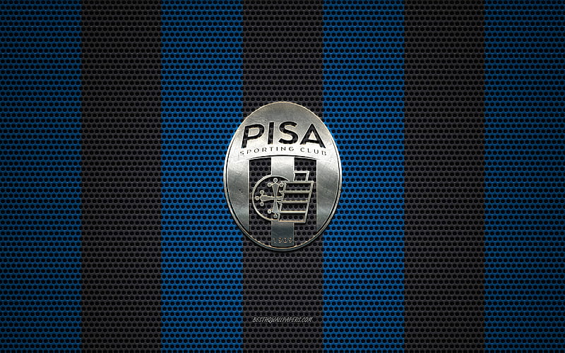 AC Pisa 1909 logo, Italian football club, metal emblem, blue-black metal mesh background, AC Pisa 1909, Serie B, Pisa, Italy, football, Pisa SC, HD wallpaper
