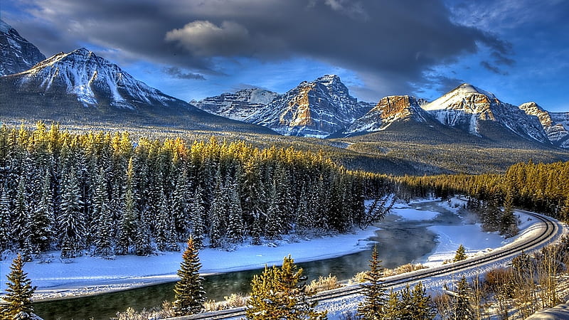 Beautiful Scenery, train track, lovely, snow, mountains, pine trees, bonito, scenery, HD wallpaper