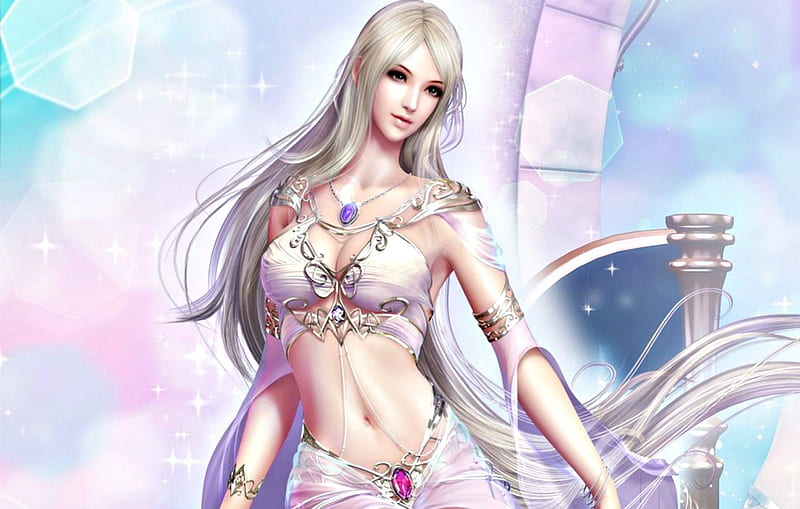 Goddess Sillia, world, game, woman, fantasy, girl, forsaken, beauty, pink, blue, HD wallpaper