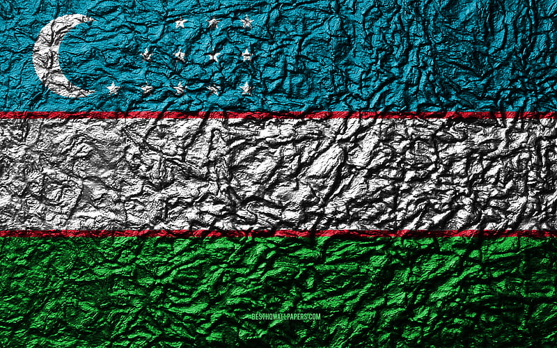 Flag of Uzbekistan stone texture, waves texture, Uzbekistan flag, national symbol, Uzbekistan, Asia, stone background, HD wallpaper