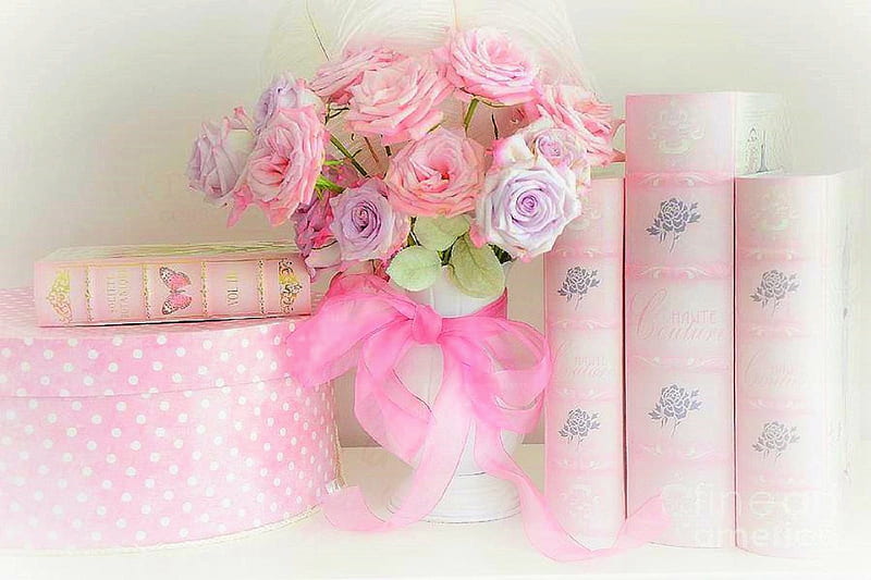 Romantic Pastel, pretty, books, softness beauty, bonito, sweet, still life, Valentines, love, flowers, pink, lovely, romantic, holiday, colors, love four seasons, roses, pastel, beloved valentines, HD wallpaper