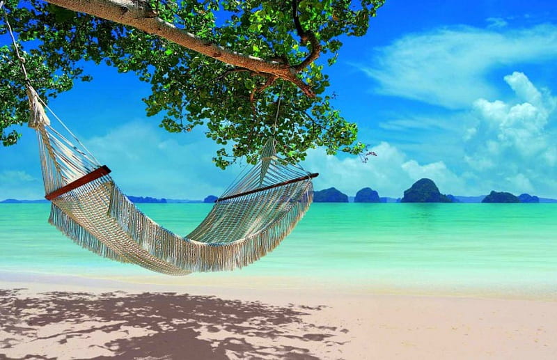 Hammock In Paradise, white sand, exotic, travel, turquoise sea, vactions, bonito, trees, hammock, beach, paradise, summer, island, tropical, HD wallpaper