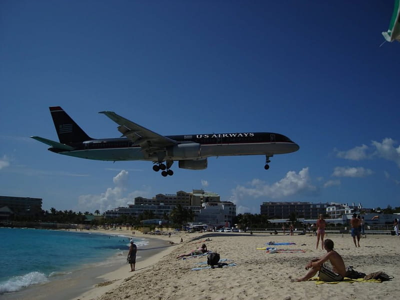 US airways,ST MAARTEN landing, beach, flight, HD wallpaper