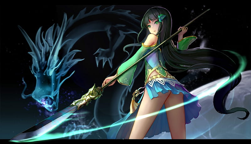 Qing Long, adorable, magic, dragon, fantasy, anime, spear, hot, anime girl, weapon, long hair, lance, female, sexy, cute, kawaii, girl, oriental, chinese, green hair, HD wallpaper