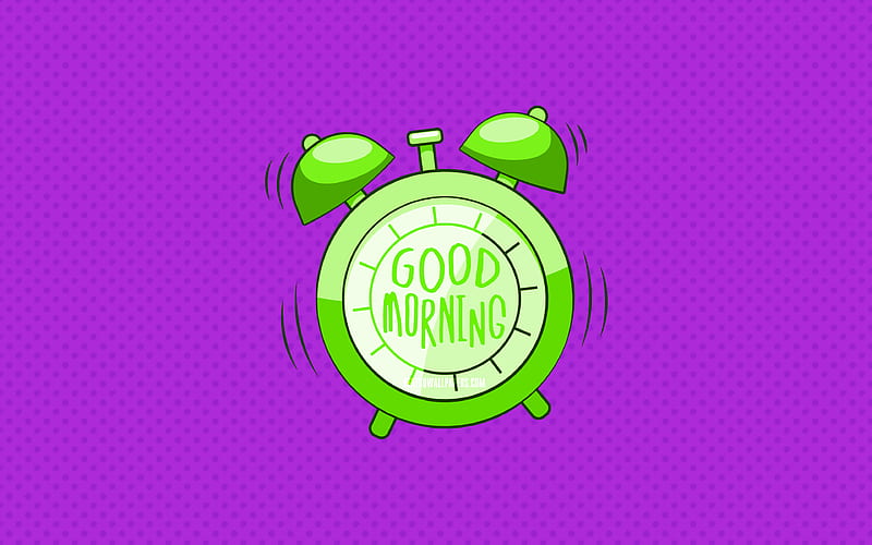 Good Morning, green alarm clock violet dotted backgrounds, good morning wish, creative, good morning concepts, minimalism, good morning with clock, HD wallpaper