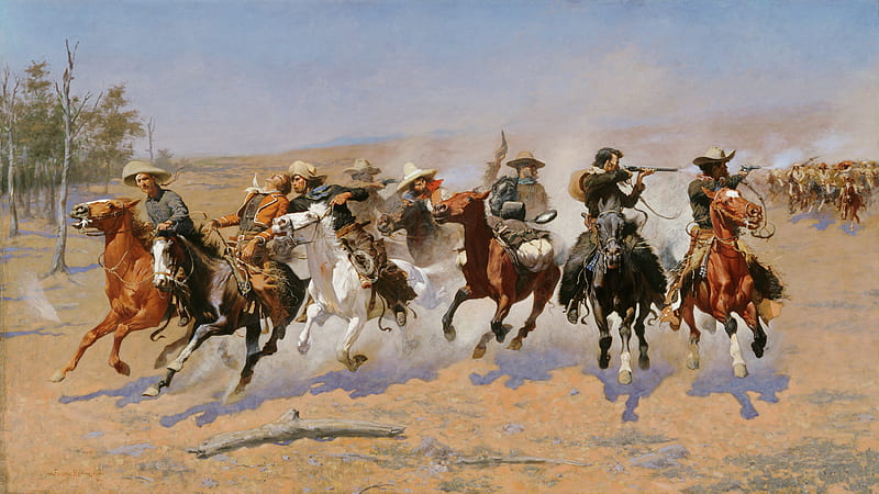 Dash For Timber, painting, indians, horses, cowboys, HD wallpaper