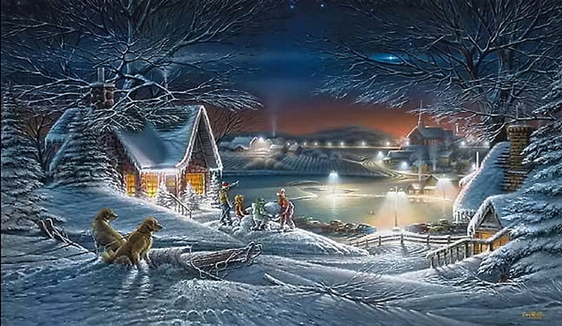 Winter evening, rink, snow, houses, children, trees, lights, houses evening, winter, HD wallpaper