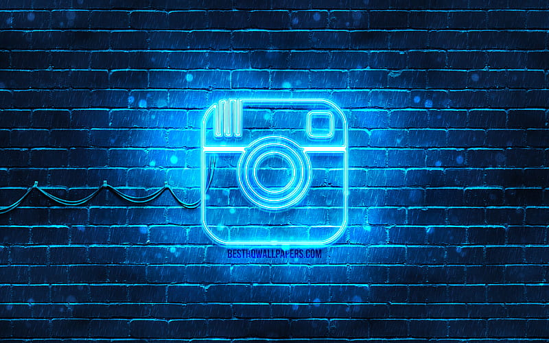 Instagram blue logo blue brickwall, Instagram logo, brands, Instagram neon logo, Instagram, HD wallpaper