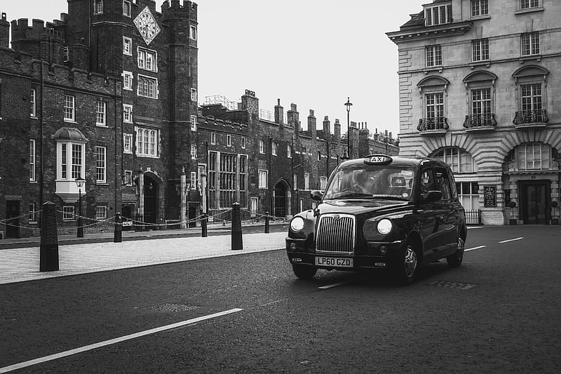 Black Cab, badge, black and white, black car, car, london, old, street, taxi, united kingdom, HD wallpaper
